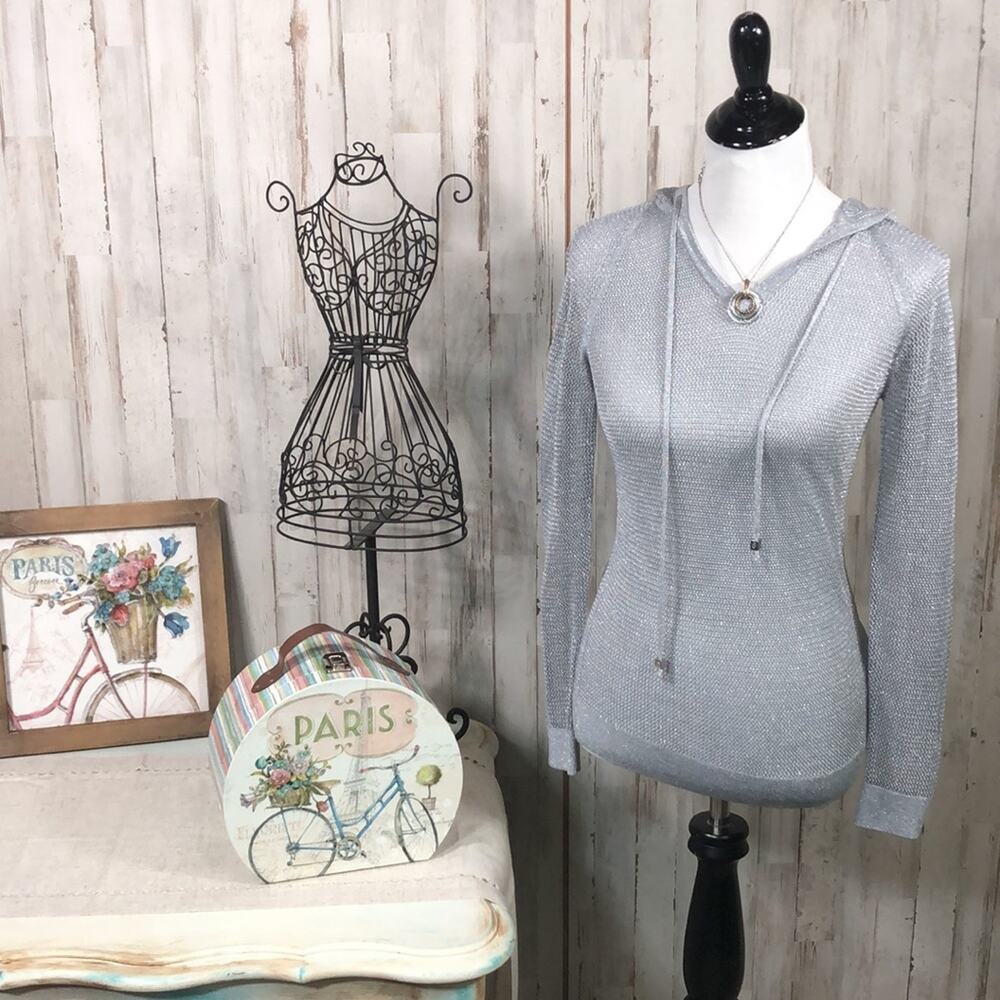 Metallic Silver Open Knit Pullover Sweater Hoodie from Michael Kors Size Small